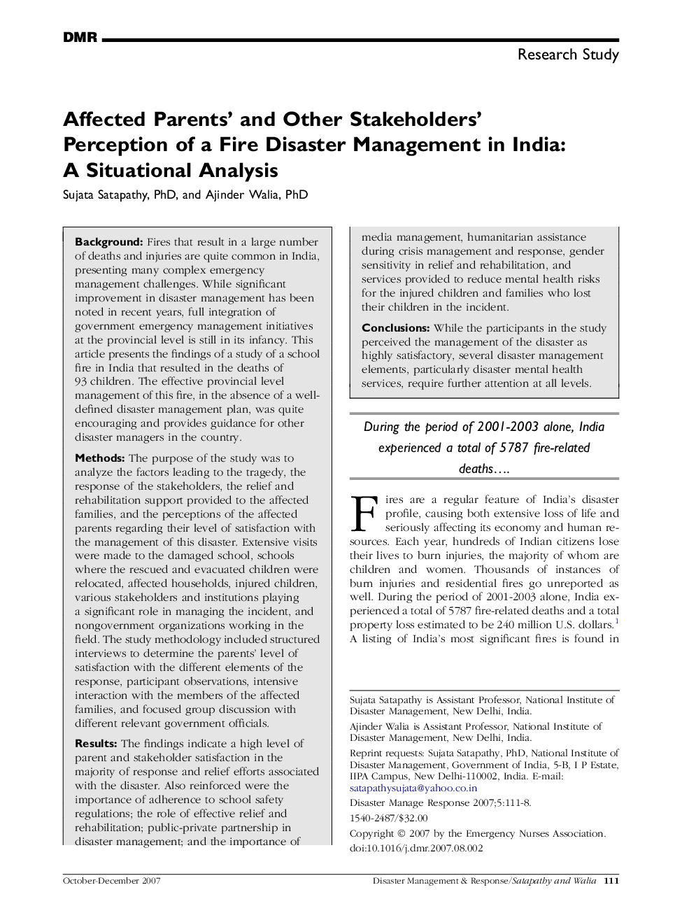 Affected Parents' and Other Stakeholders' Perception of a Fire Disaster Management in India: A Situational Analysis