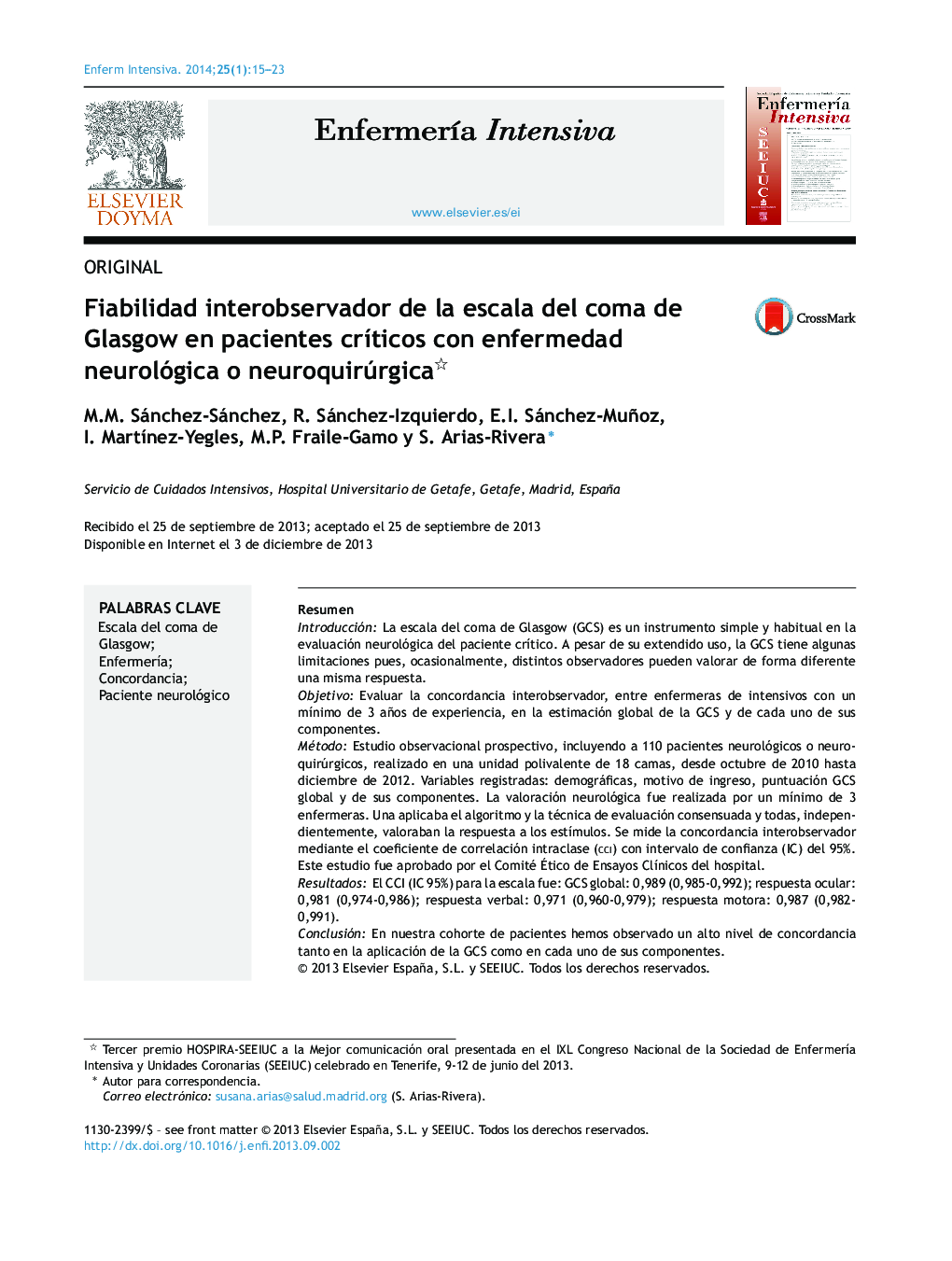 Fiabilidad interobservador de la escala del coma de Glasgow en pacientes crÃ­ticos con enfermedad neurológica o neuroquirúrgica