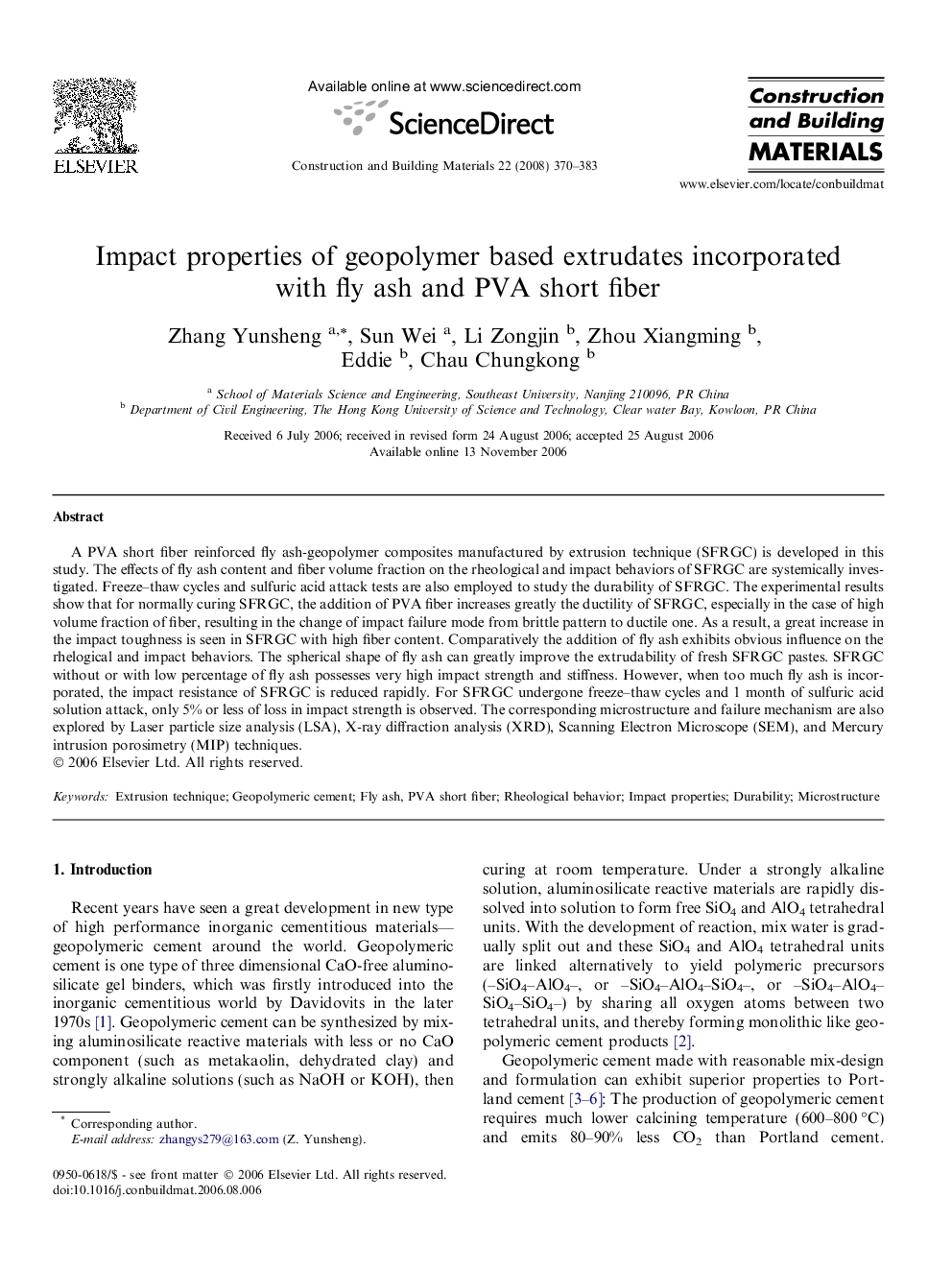 Impact properties of geopolymer based extrudates incorporated with fly ash and PVA short fiber