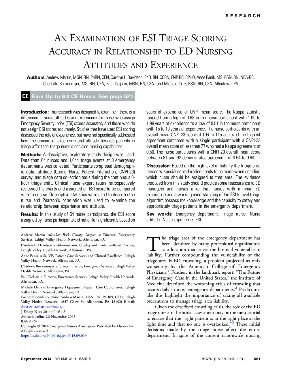 An Examination of ESI Triage Scoring Accuracy in Relationship to ED Nursing Attitudes and Experience 