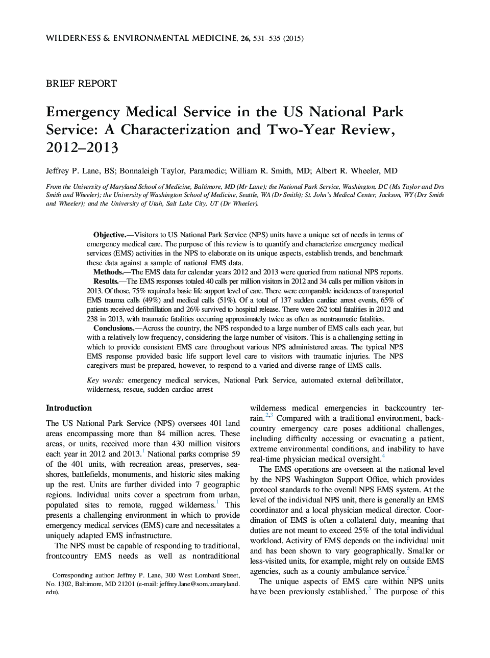 خدمات اورژانس پزشکی در خدمات پارک ملی ایالات متحده: تعیین خواص و دو سال نقد و بررسی، 2012-2013