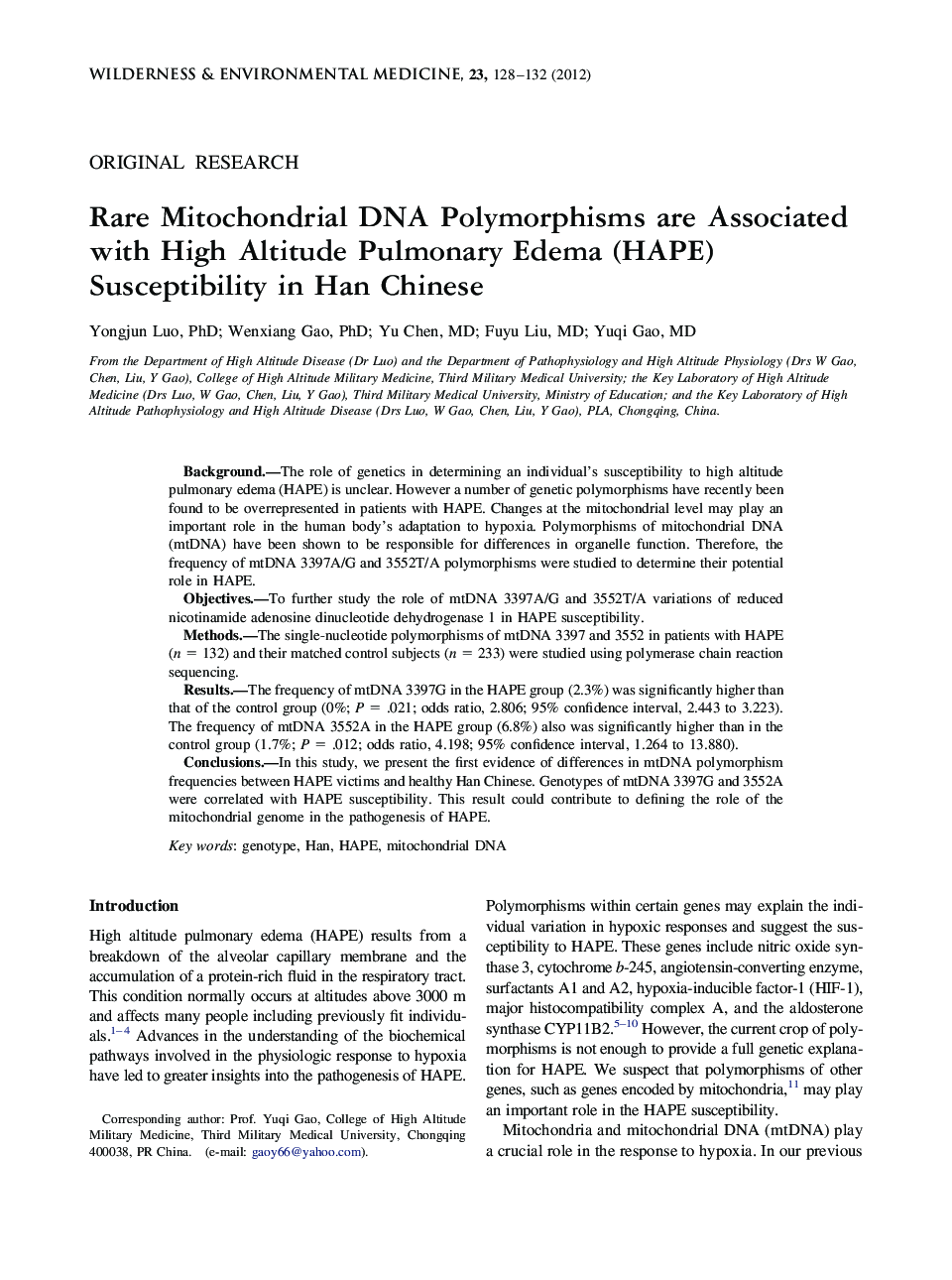 Rare Mitochondrial DNA Polymorphisms are Associated with High Altitude Pulmonary Edema (HAPE) Susceptibility in Han Chinese