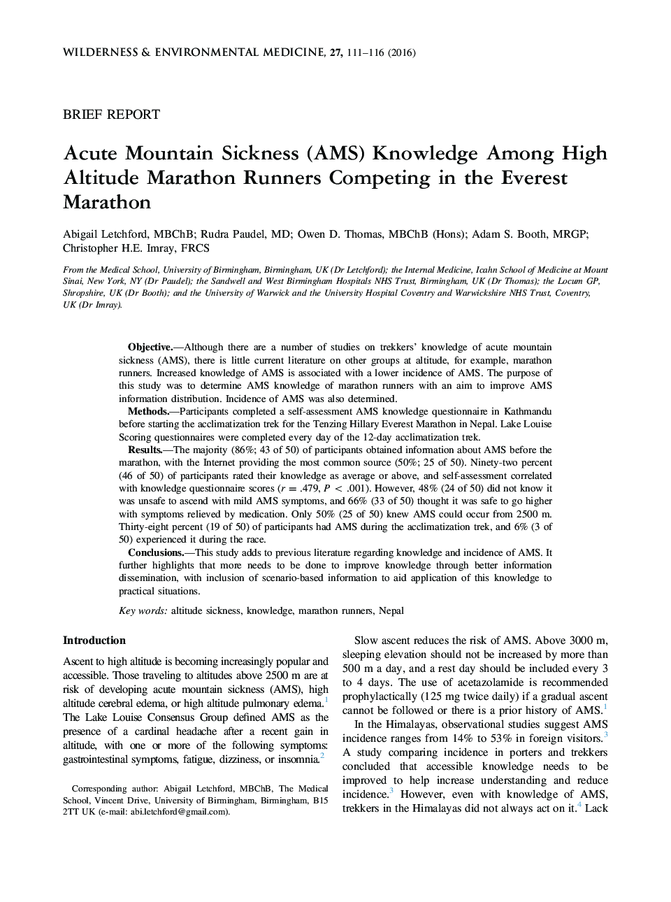 دانش کوه گرفتگی حاد (AMS) بین دوندگان ماراتن با ارتفاع بالا با رقابت در ماراتن اورست 