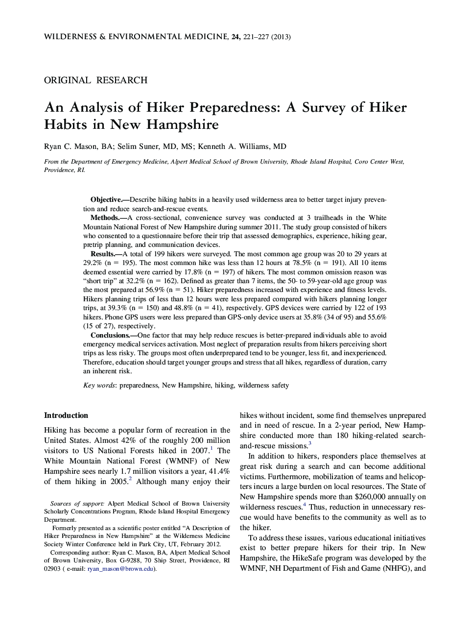 An Analysis of Hiker Preparedness: A Survey of Hiker Habits in New Hampshire 