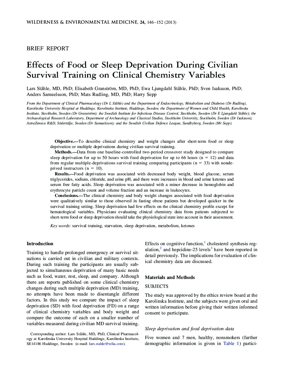 Effects of Food or Sleep Deprivation During Civilian Survival Training on Clinical Chemistry Variables