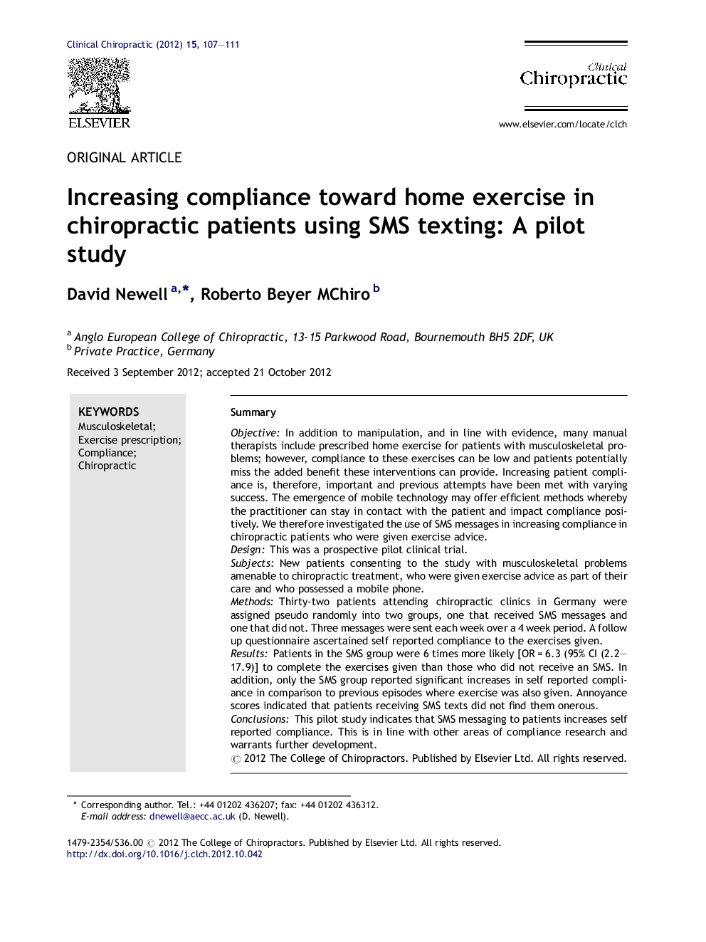 Increasing compliance toward home exercise in chiropractic patients using SMS texting: A pilot study