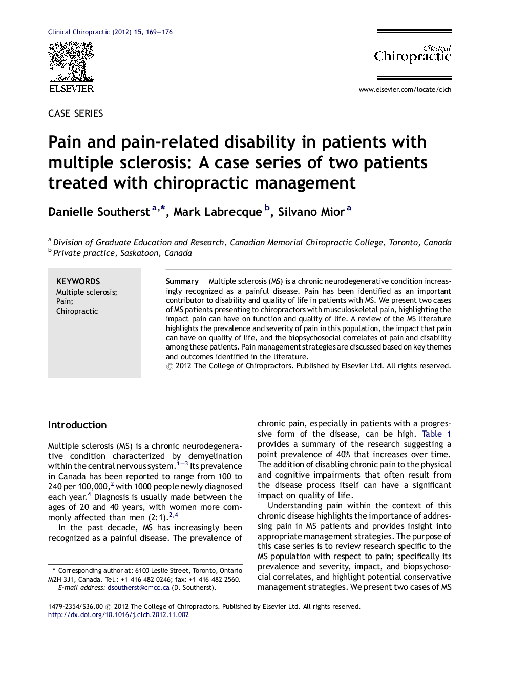 Pain and pain-related disability in patients with multiple sclerosis: A case series of two patients treated with chiropractic management