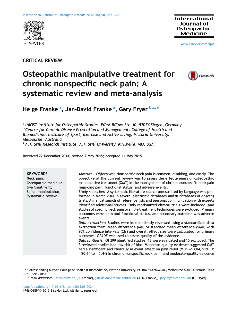درمان دستکاری پوکی استخوان برای درد مزمن ناحیه گردن: بررسی منظم و متاآنالیز