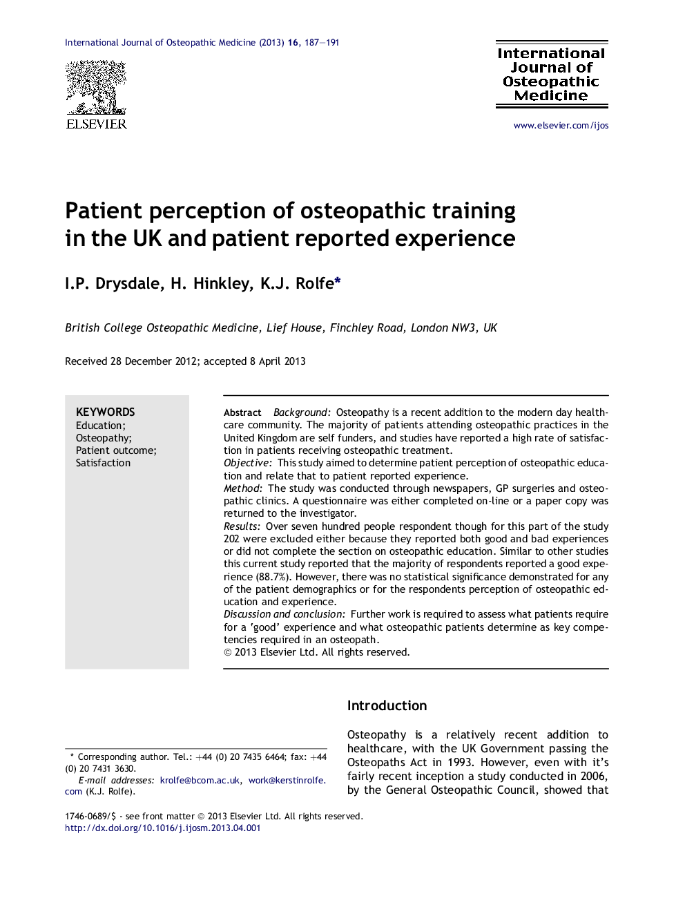 Patient perception of osteopathic training in the UK and patient reported experience