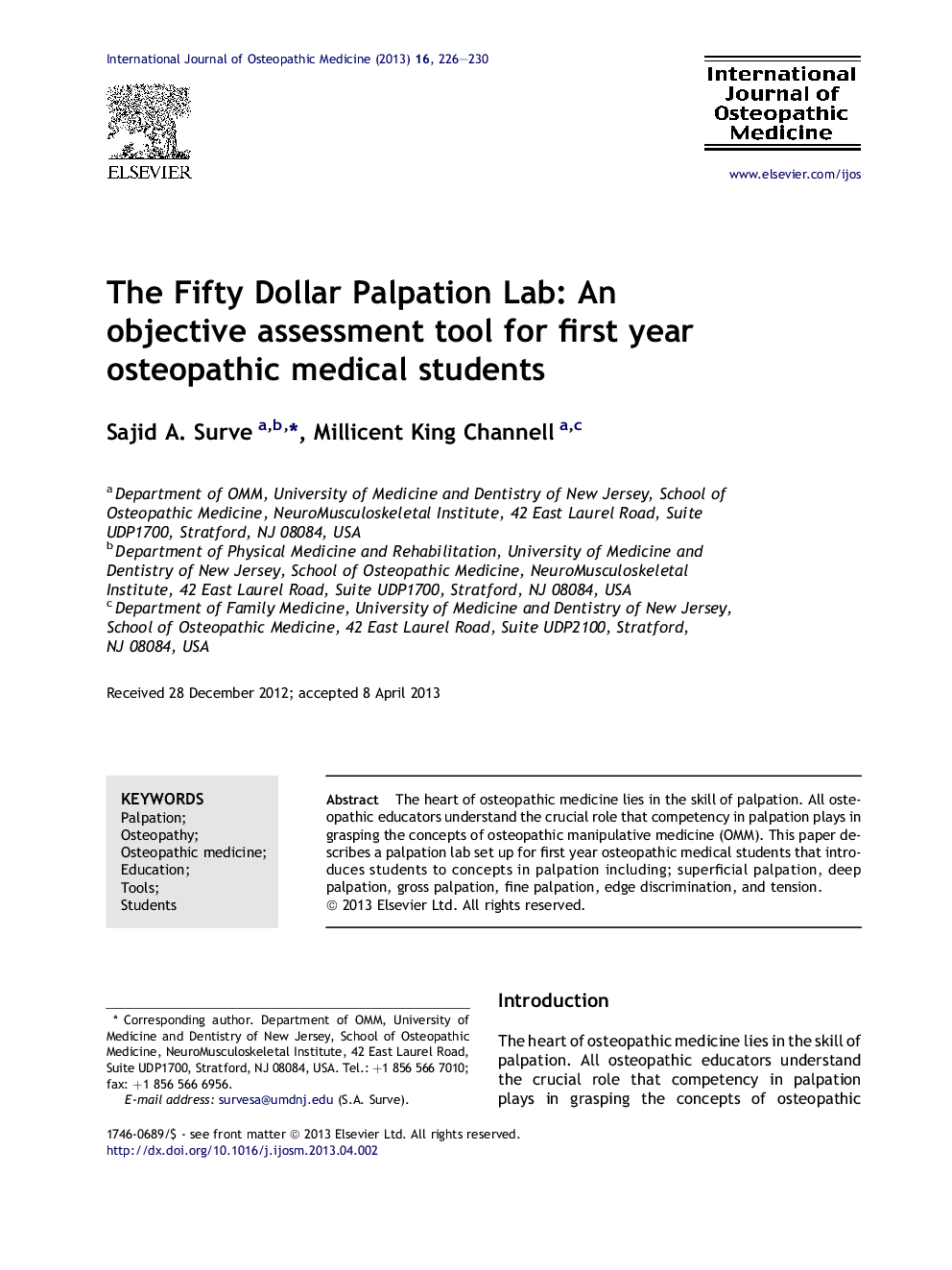 The Fifty Dollar Palpation Lab: An objective assessment tool for first year osteopathic medical students