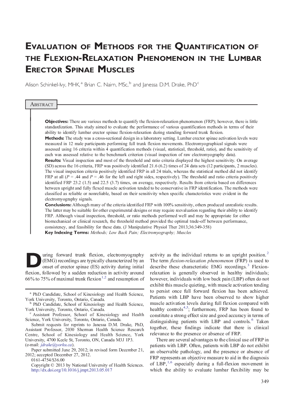 Evaluation of Methods for the Quantification of the Flexion-Relaxation Phenomenon in the Lumbar Erector Spinae Muscles