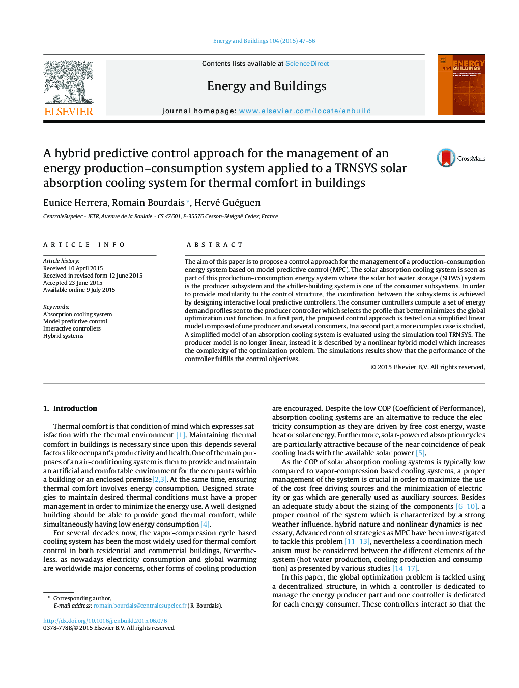 A hybrid predictive control approach for the management of an energy production–consumption system applied to a TRNSYS solar absorption cooling system for thermal comfort in buildings