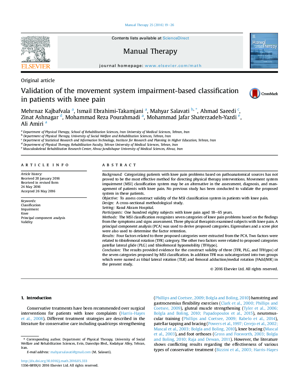 اعتبار سنجی طبقه بندی مبتنی بر اختلال سیستم حرکتی در بیماران مبتلا به درد زانو