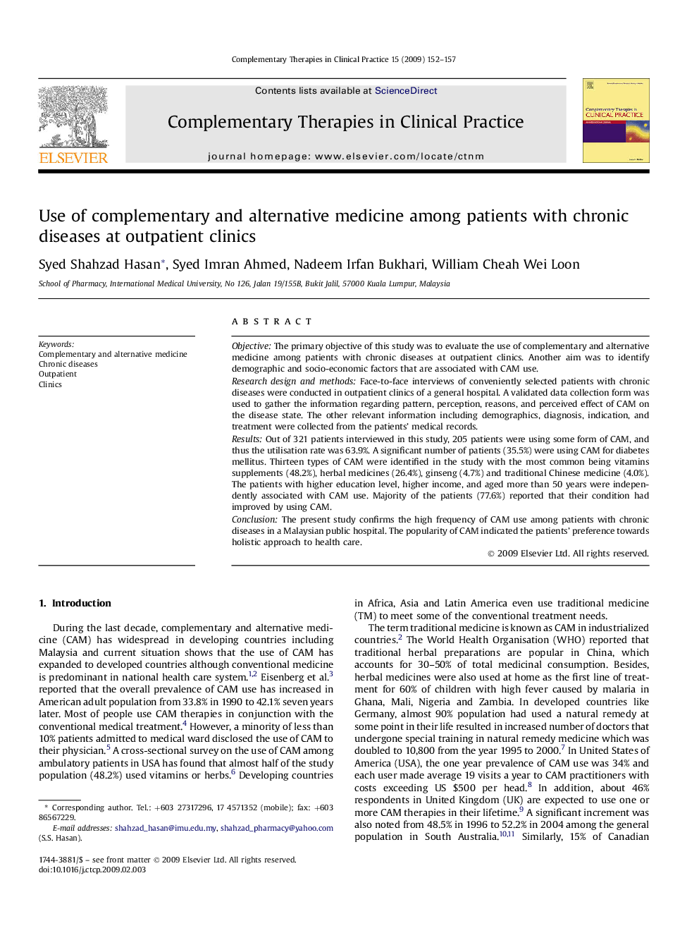 Use of complementary and alternative medicine among patients with chronic diseases at outpatient clinics