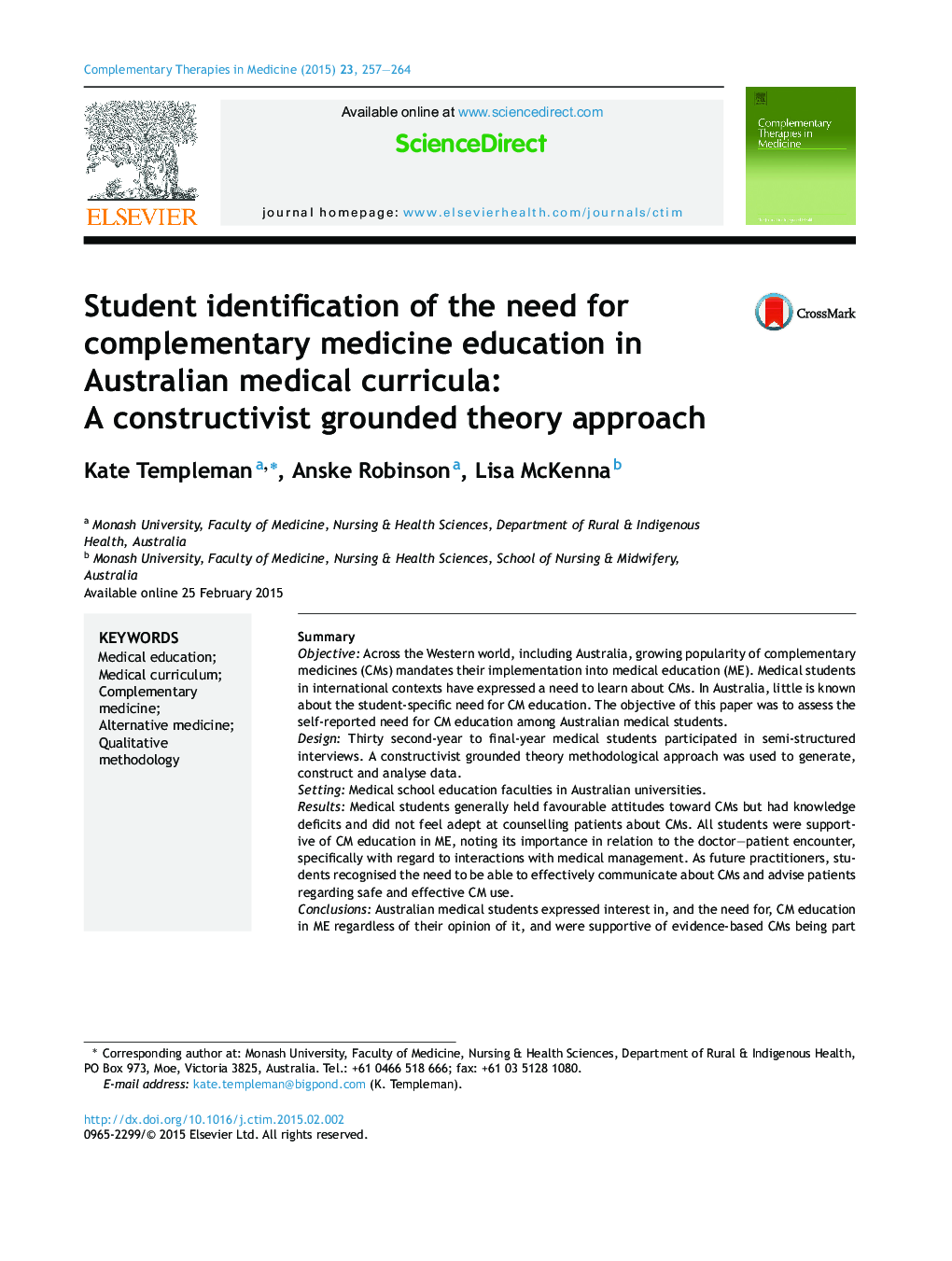 شناسایی دانشجویان از نیاز به آموزش پزشکی مکمل در برنامه درسی پزشکی استرالیا: یک رویکرد تئوری مبتنی بر سازنده گرا