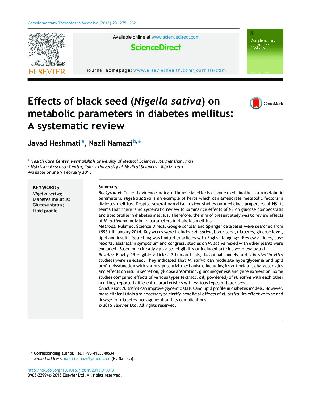 اثر دانه های سیاهدانه (Nigella sativa) بر پارامترهای متابولیک در دیابت نوع یک: بررسی سیستماتیک