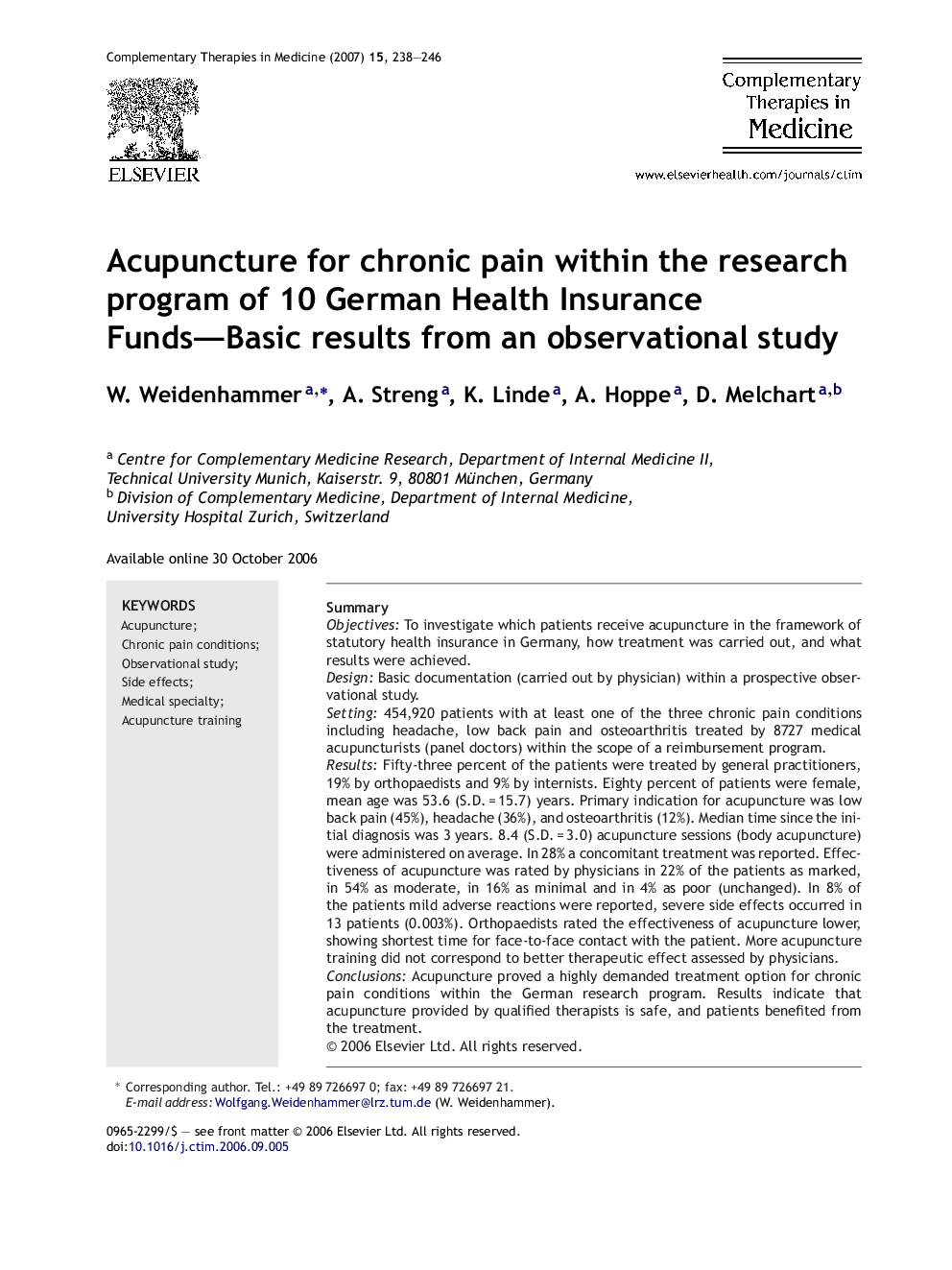 Acupuncture for chronic pain within the research program of 10 German Health Insurance Funds—Basic results from an observational study