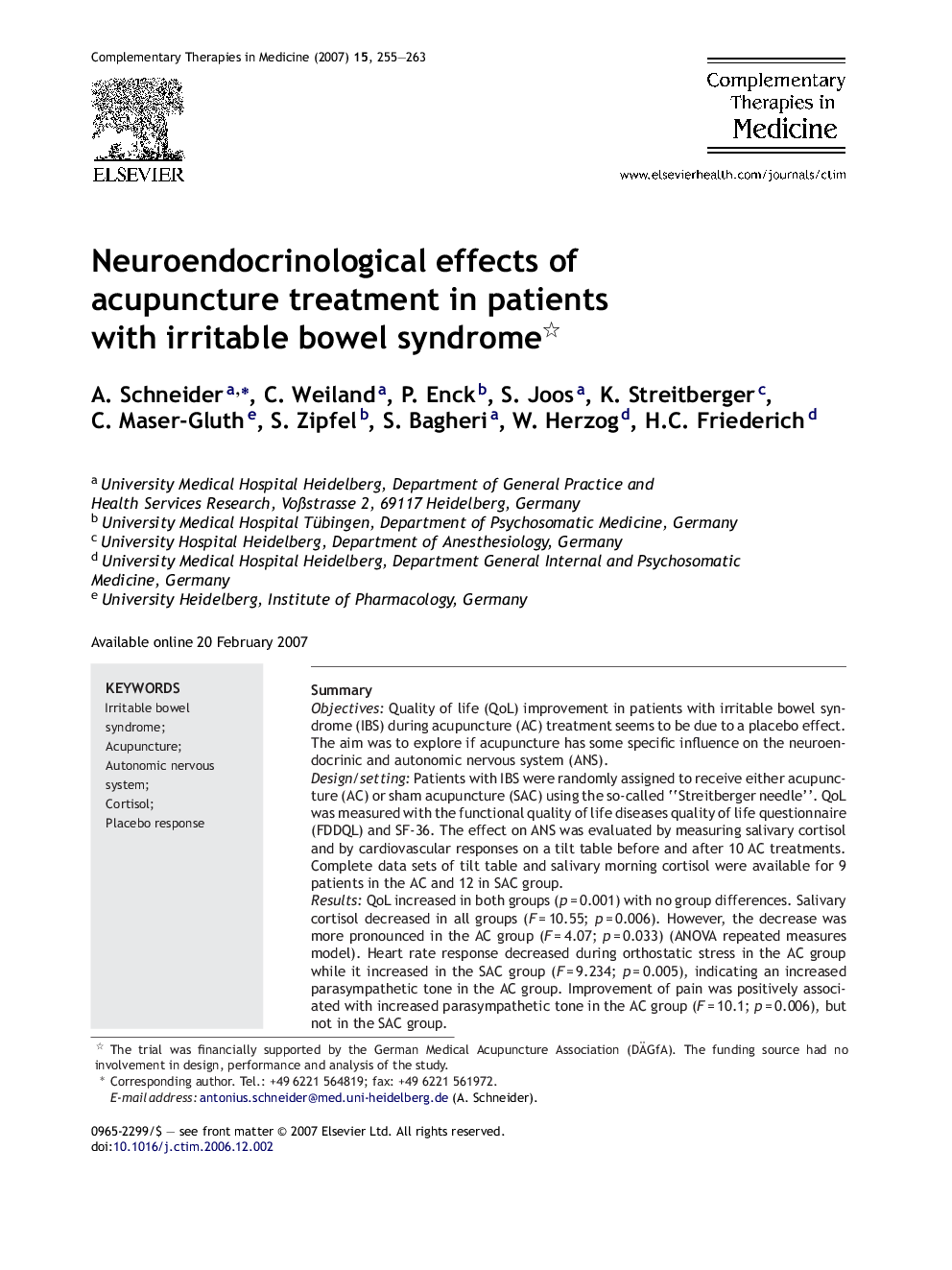 Neuroendocrinological effects of acupuncture treatment in patients with irritable bowel syndrome 