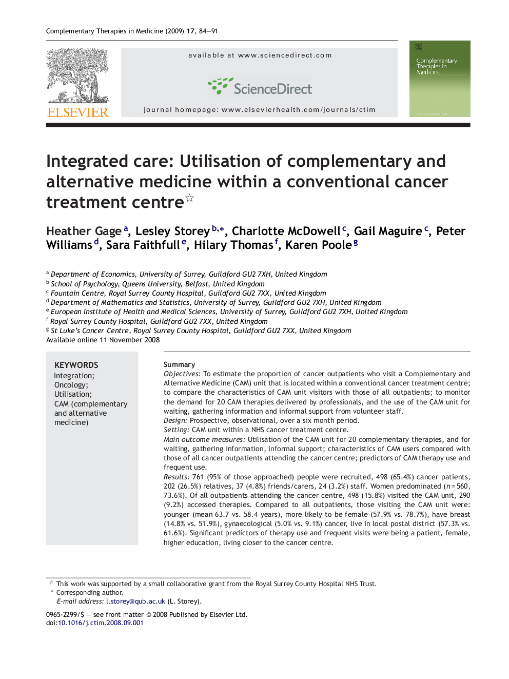 Integrated care: Utilisation of complementary and alternative medicine within a conventional cancer treatment centre 