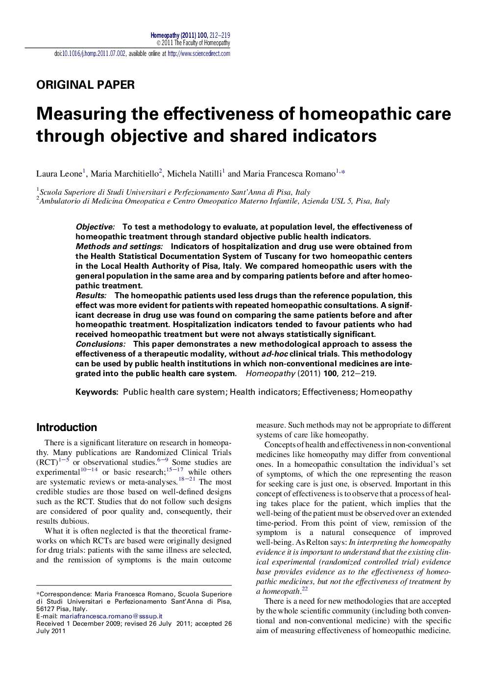 Measuring the effectiveness of homeopathic care through objective and shared indicators