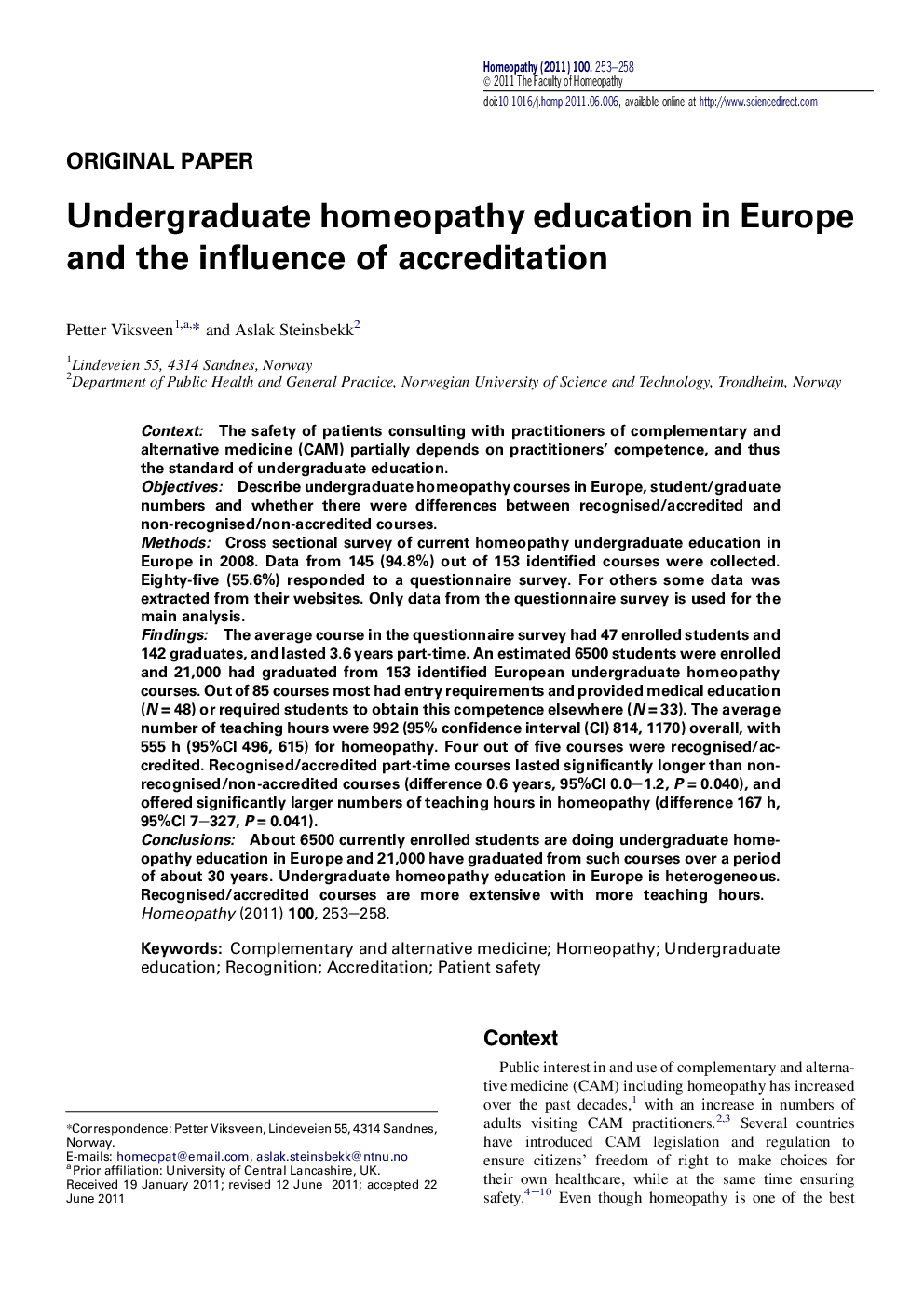 Undergraduate homeopathy education in Europe and the influence of accreditation