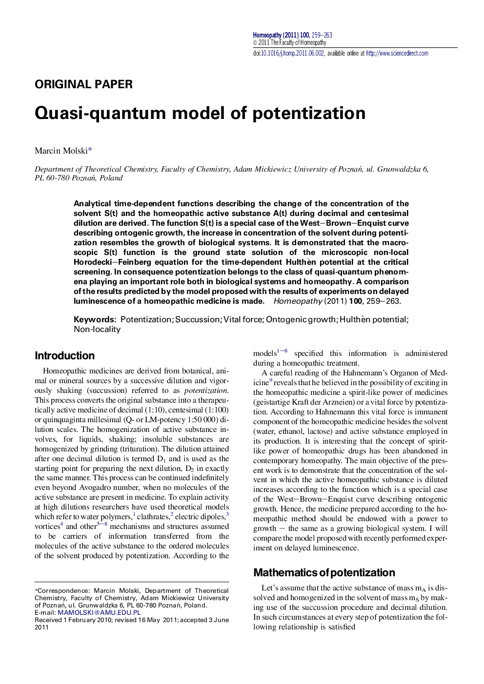 Quasi-quantum model of potentization