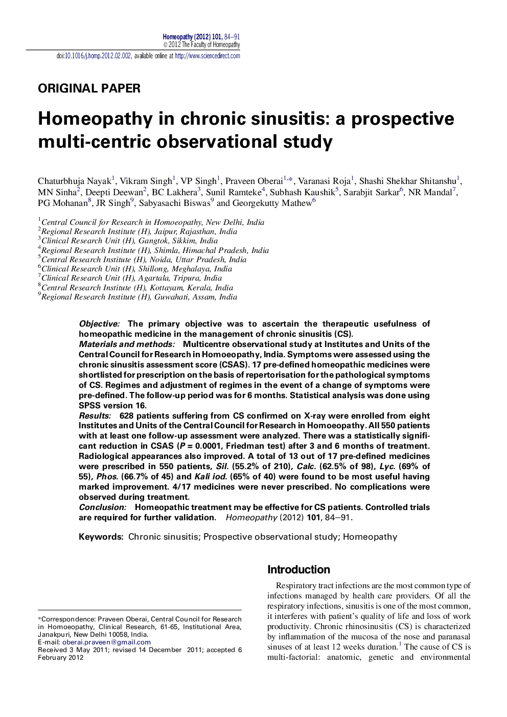Homeopathy in chronic sinusitis: a prospective multi-centric observational study