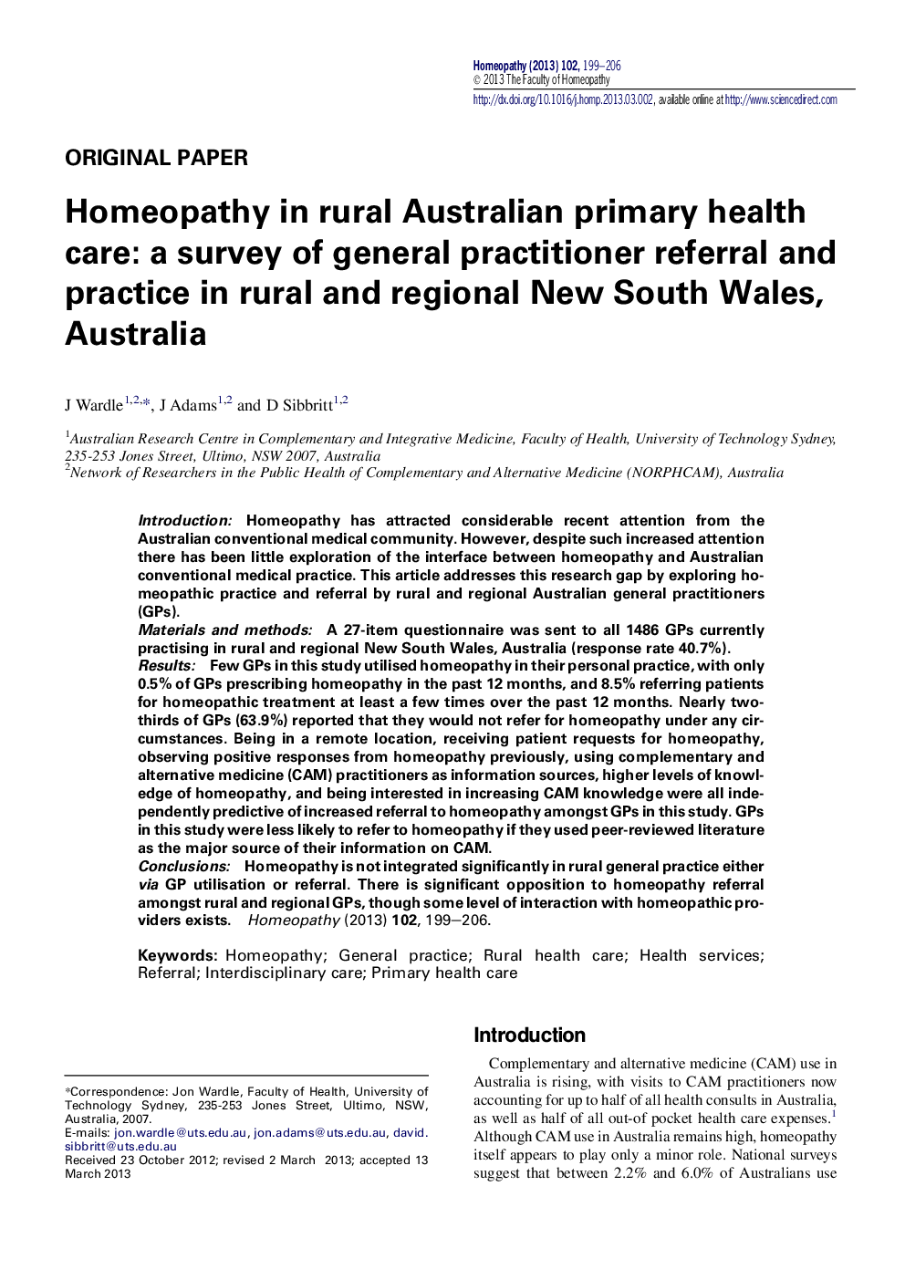 هومیوپاتی در مراقبت های بهداشتی اولیه روستایی استرالیا: یک نظرسنجی از ارجاع و تمرین عمومی پزشکان در مناطق روستایی و منطقه نیو سات ولز، استرالیا