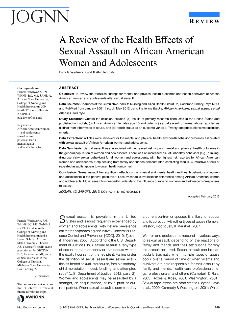 A Review of the Health Effects of Sexual Assault on African American Women and Adolescents