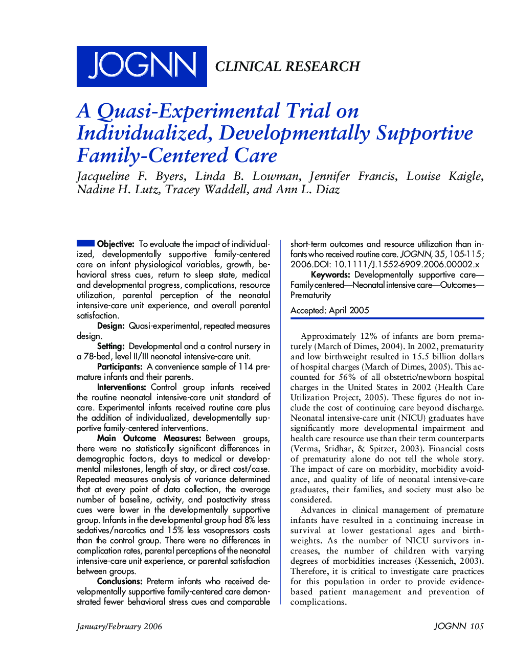 A Quasi-Experimental Trial on Individualized, Developmentally Supportive Family-Centered Care
