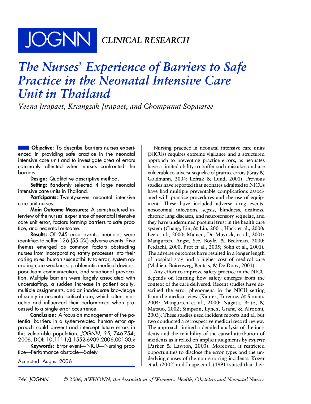 The Nurses' Experience of Barriers to Safe Practice in the Neonatal Intensive Care Unit in Thailand