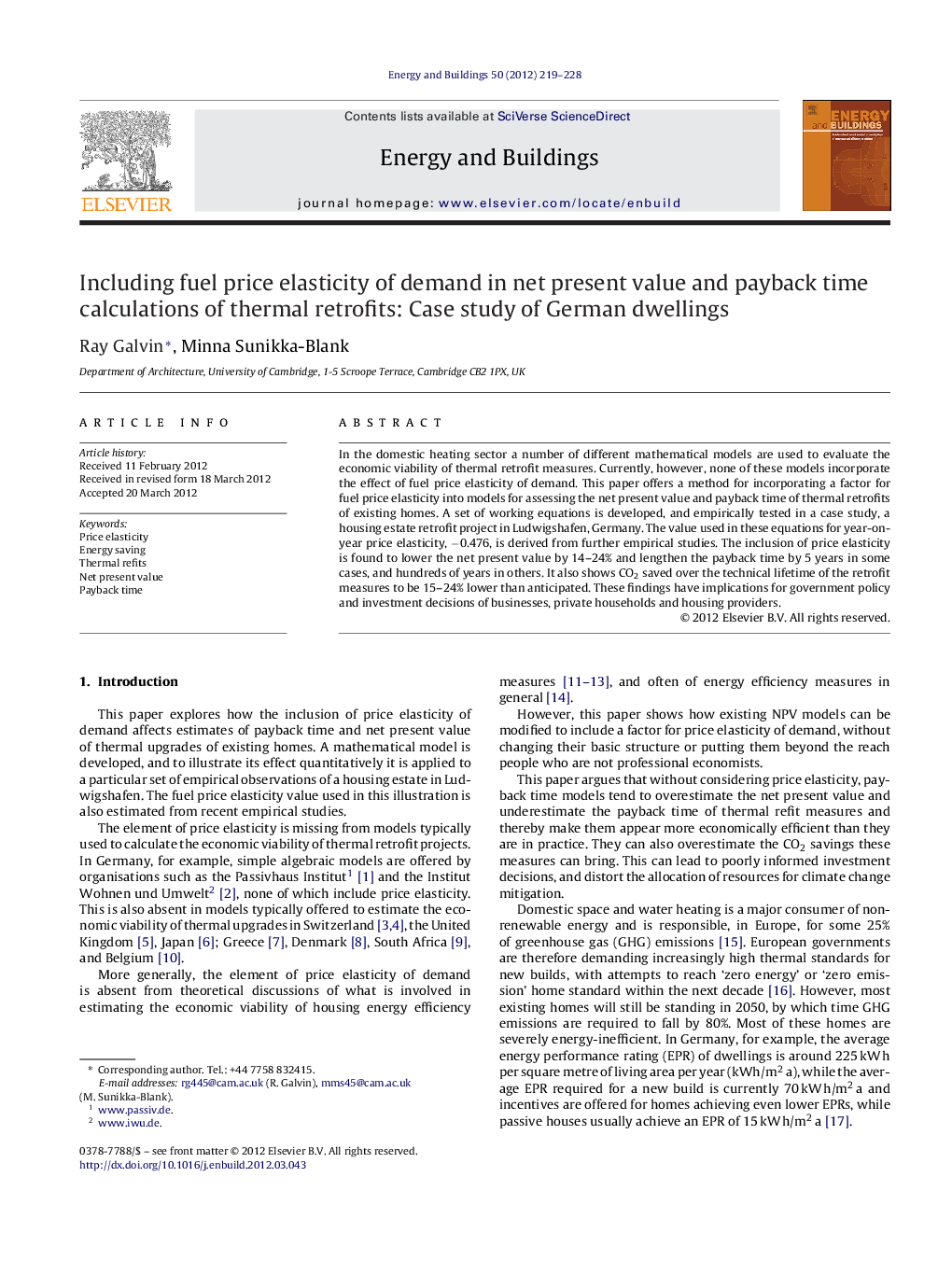 Including fuel price elasticity of demand in net present value and payback time calculations of thermal retrofits: Case study of German dwellings