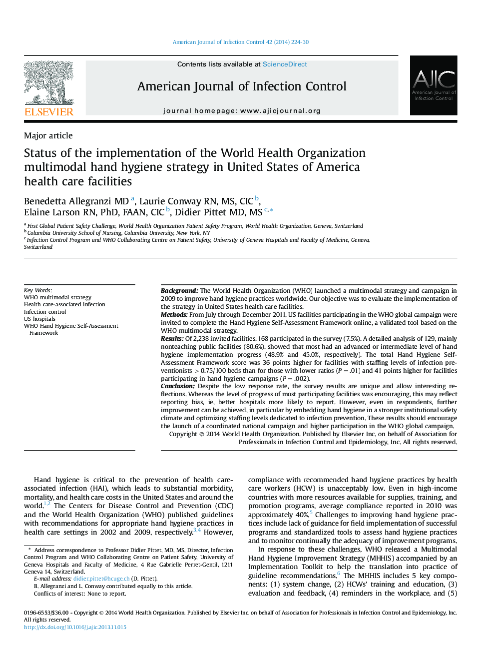 وضعیت اجرای استراتژی بهداشت دست چندوجهی سازمان بهداشت جهانی در مراکز بهداشتی ایالات متحده