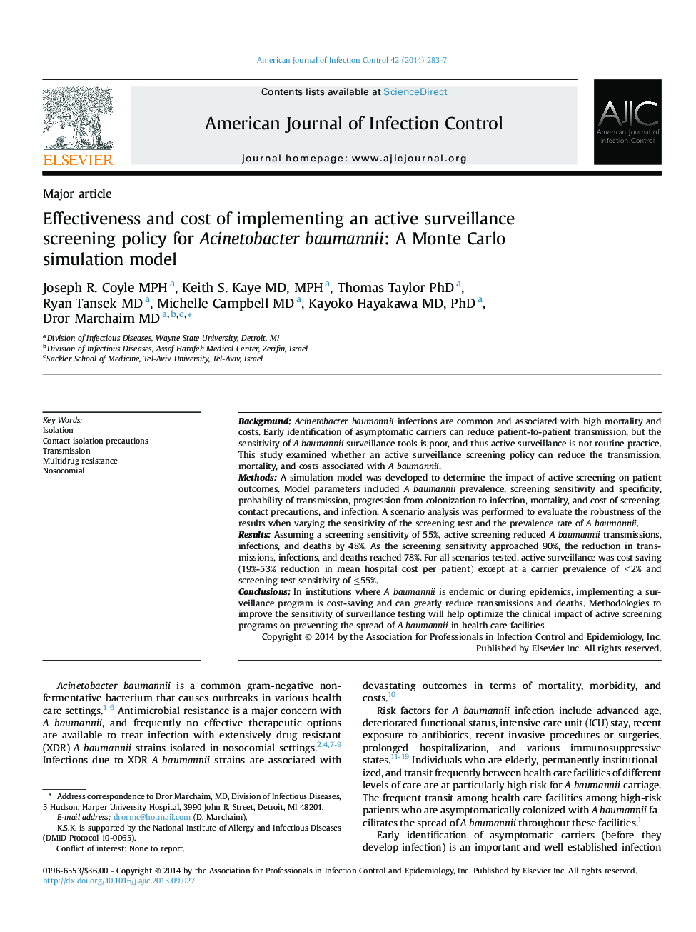 اثربخشی و هزینه اجرای سیاست غربالگری نظارت فعال برای Acinetobacter baumannii: یک مدل شبیه سازی مونت کارلو