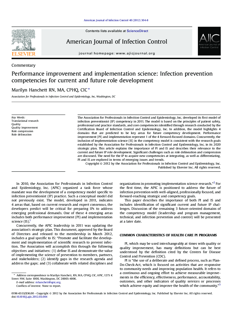 Performance improvement and implementation science: Infection prevention competencies for current and future role development 