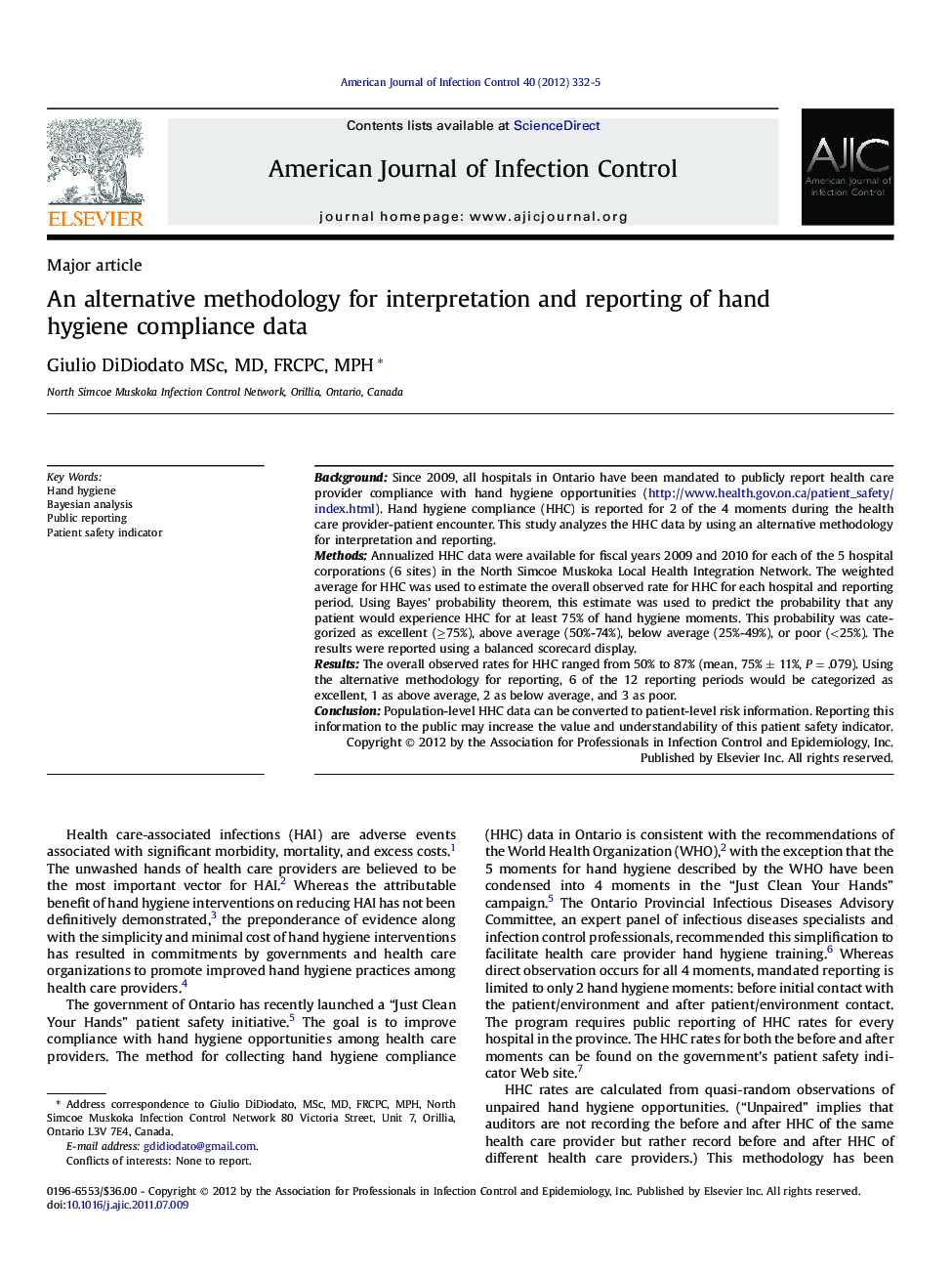 An alternative methodology for interpretation and reporting of hand hygiene compliance data 