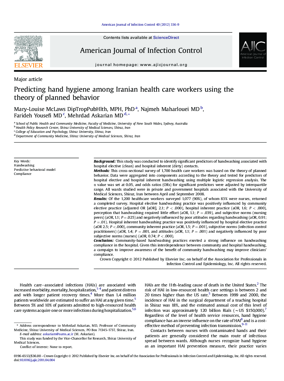 Predicting hand hygiene among Iranian health care workers using the theory of planned behavior 