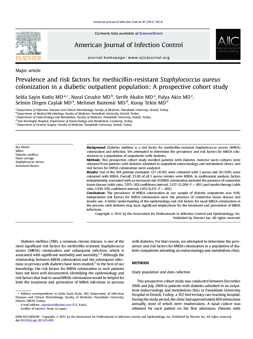 Prevalence and risk factors for methicillin-resistant Staphylococcus aureus colonization in a diabetic outpatient population: A prospective cohort study 