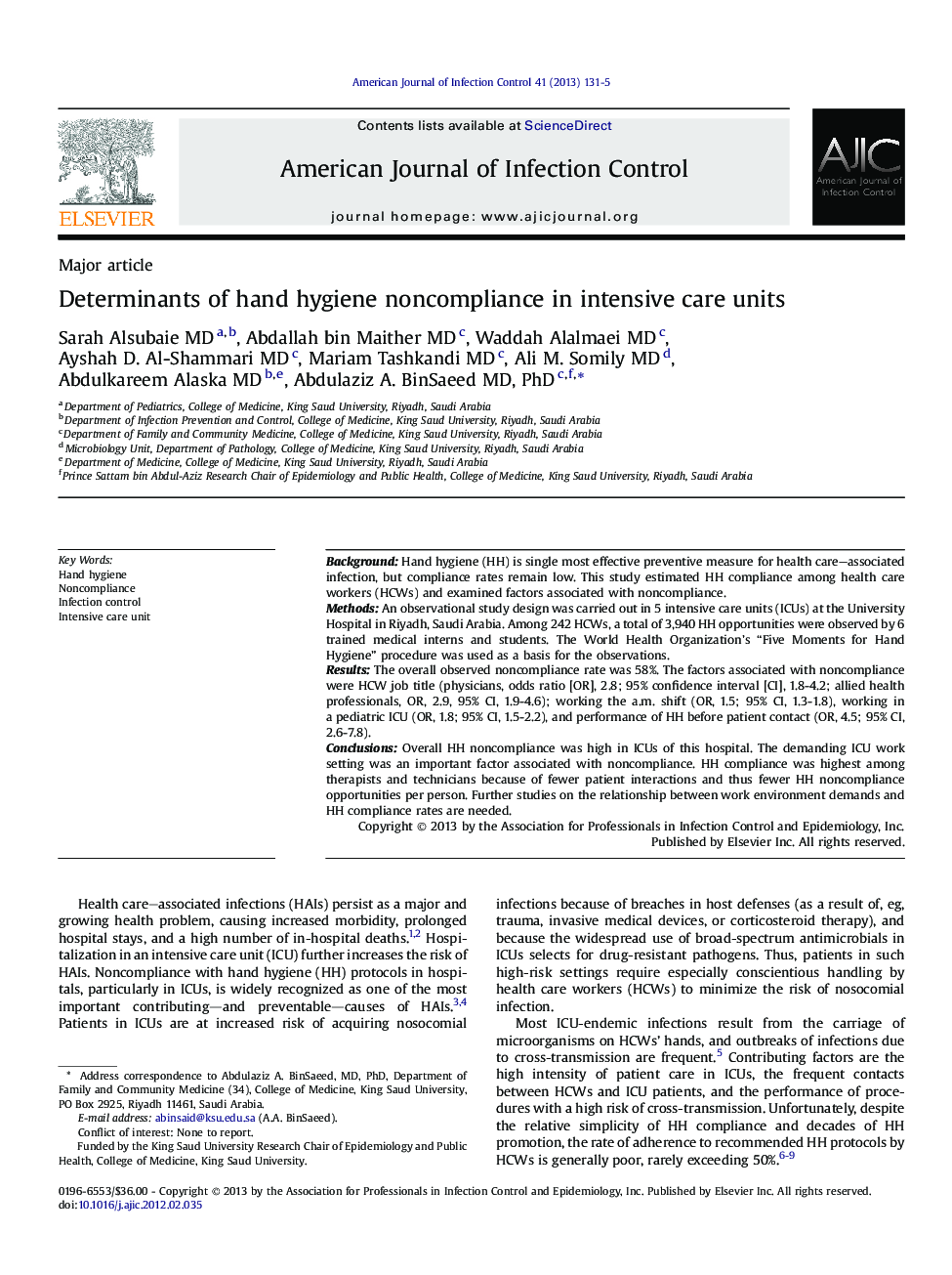 Determinants of hand hygiene noncompliance in intensive care units 