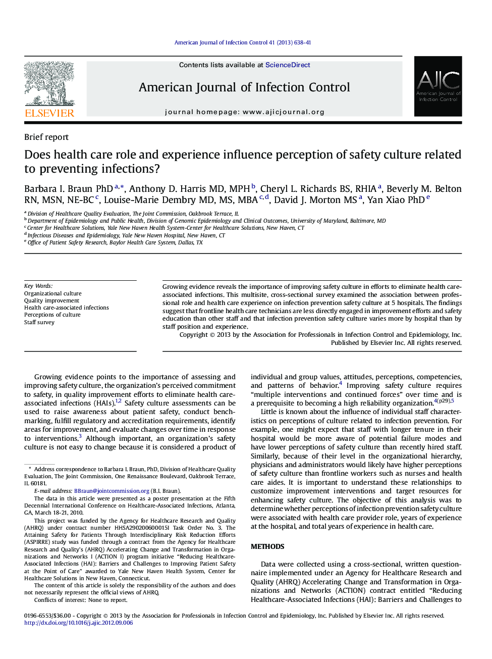 Does health care role and experience influence perception of safety culture related to preventing infections? 