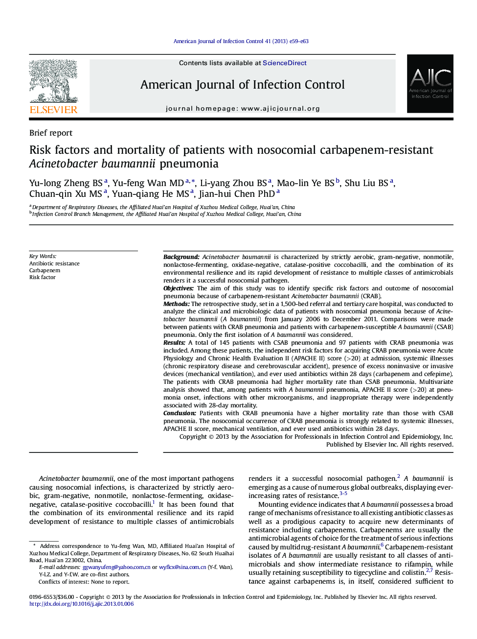 Risk factors and mortality of patients with nosocomial carbapenem-resistant Acinetobacter baumannii pneumonia 