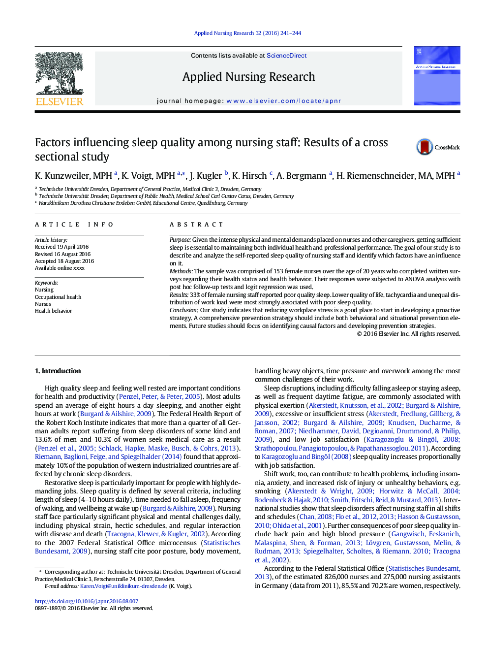عوامل موثر بر کیفیت خواب در کارکنان پرستاری: نتایج یک مطالعه مقطعی