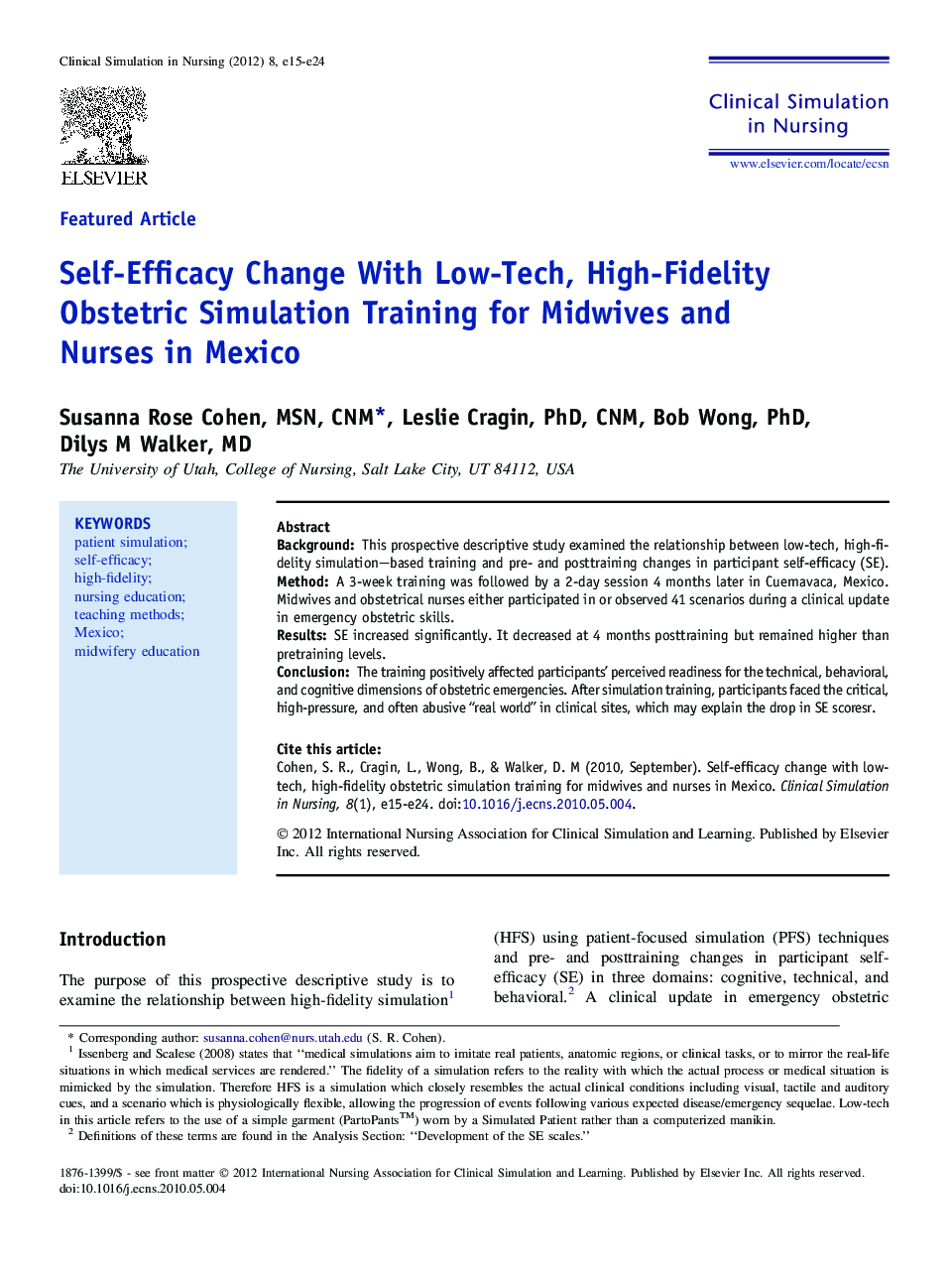 Self-Efficacy Change With Low-Tech, High-Fidelity Obstetric Simulation Training for Midwives and Nurses in Mexico