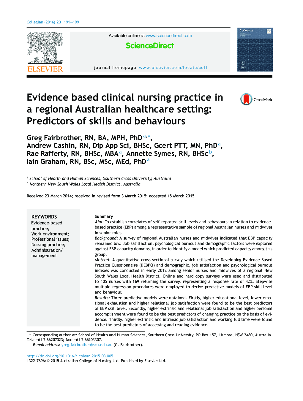 شیوه های پرستاری بالینی مبتنی بر شواهد در مراکز بهداشتی استرالیا منطقه ای: پیش بینی کننده مهارت ها و رفتارهای