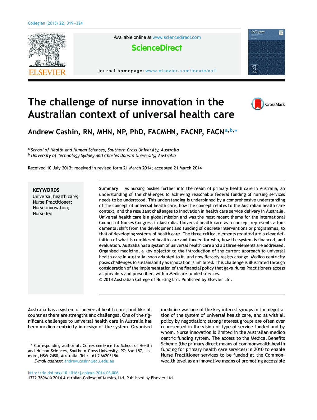چالش نوآوری پرستاران در زمینه استرالیایی مراقبت بهداشتی جهانی 