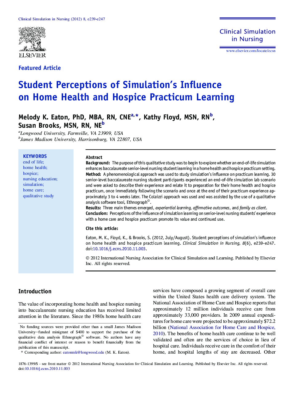 Student Perceptions of Simulation's Influence on Home Health and Hospice Practicum Learning 
