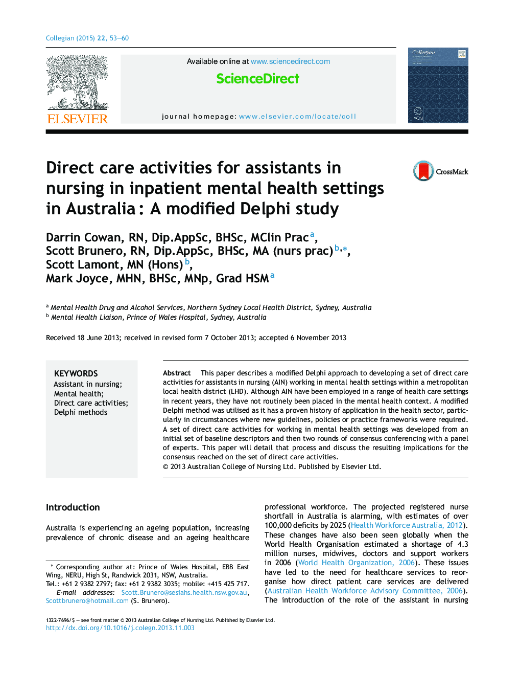 فعالیت های مراقبت مستقیم برای دستیاران در پرستاران در تنظیمات سلامت روانی بیماران بستری در استرالیا: یک مطالعه دلفی اصلاح شده
