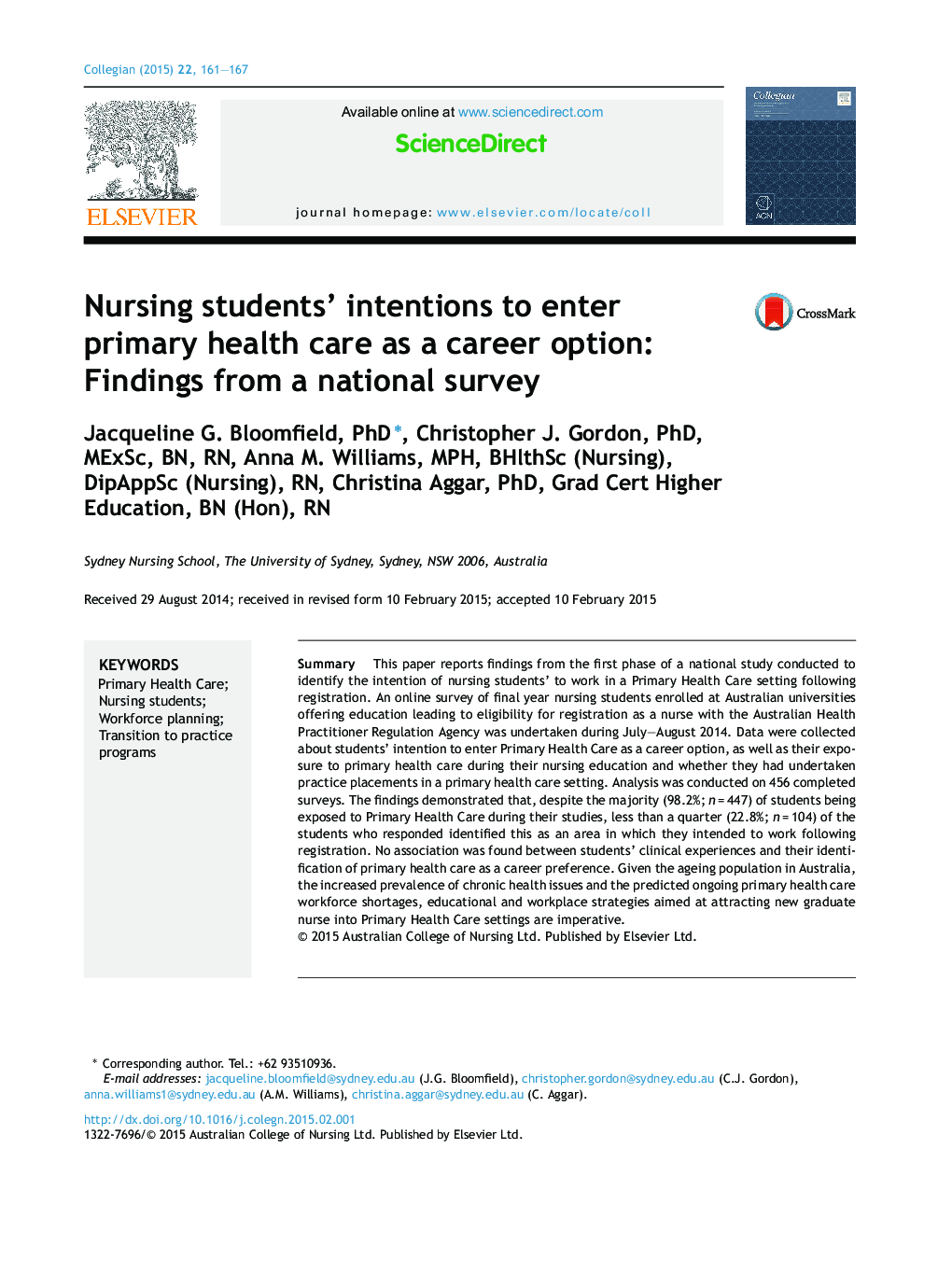 نیات دانشجویان پرستاری برای ورود به مراقبت های بهداشتی اولیه به عنوان یک گزینه حرفه ای: یافته هایی از یک نظرسنجی ملی