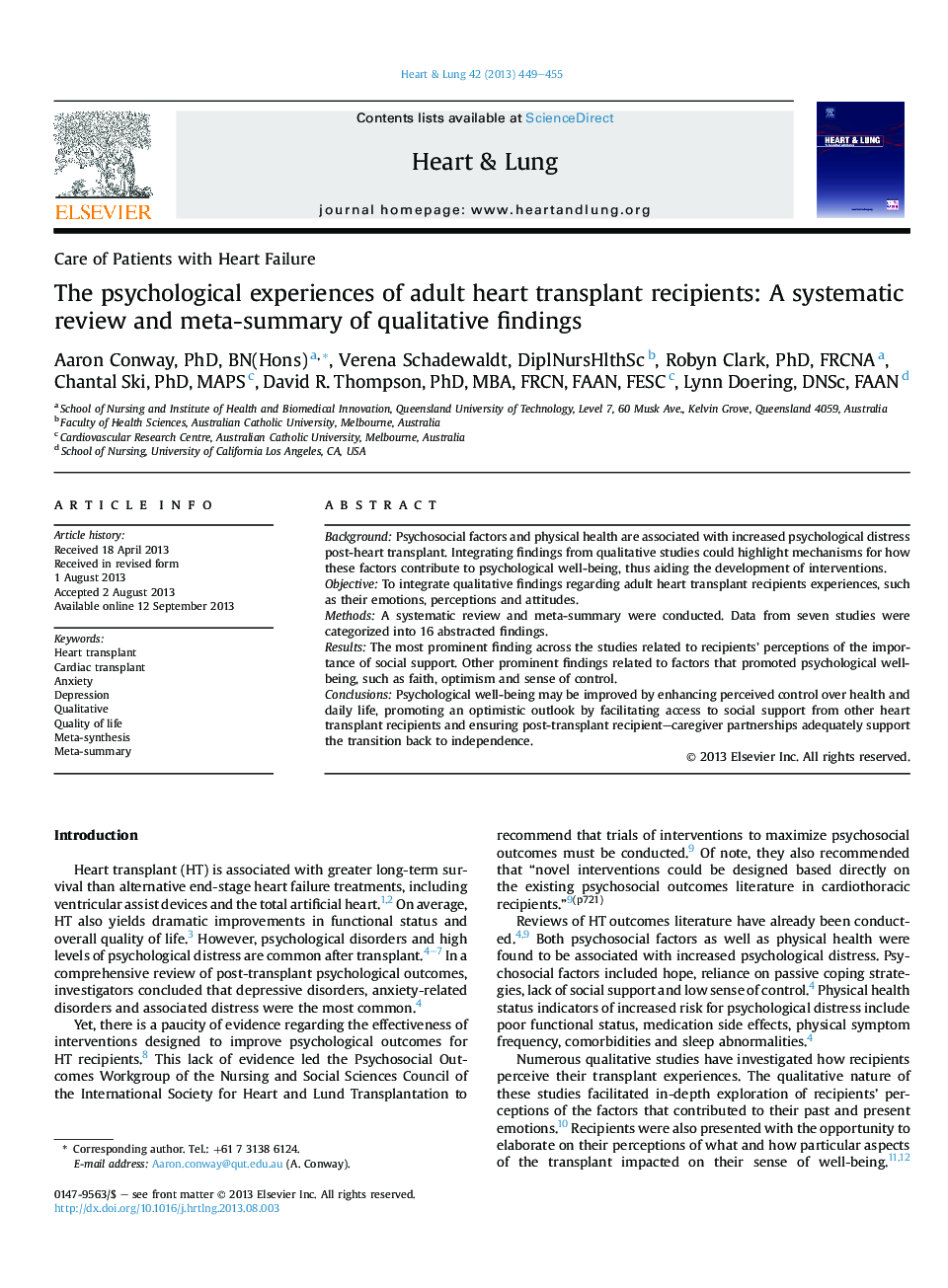 The psychological experiences of adult heart transplant recipients: A systematic review and meta-summary of qualitative findings