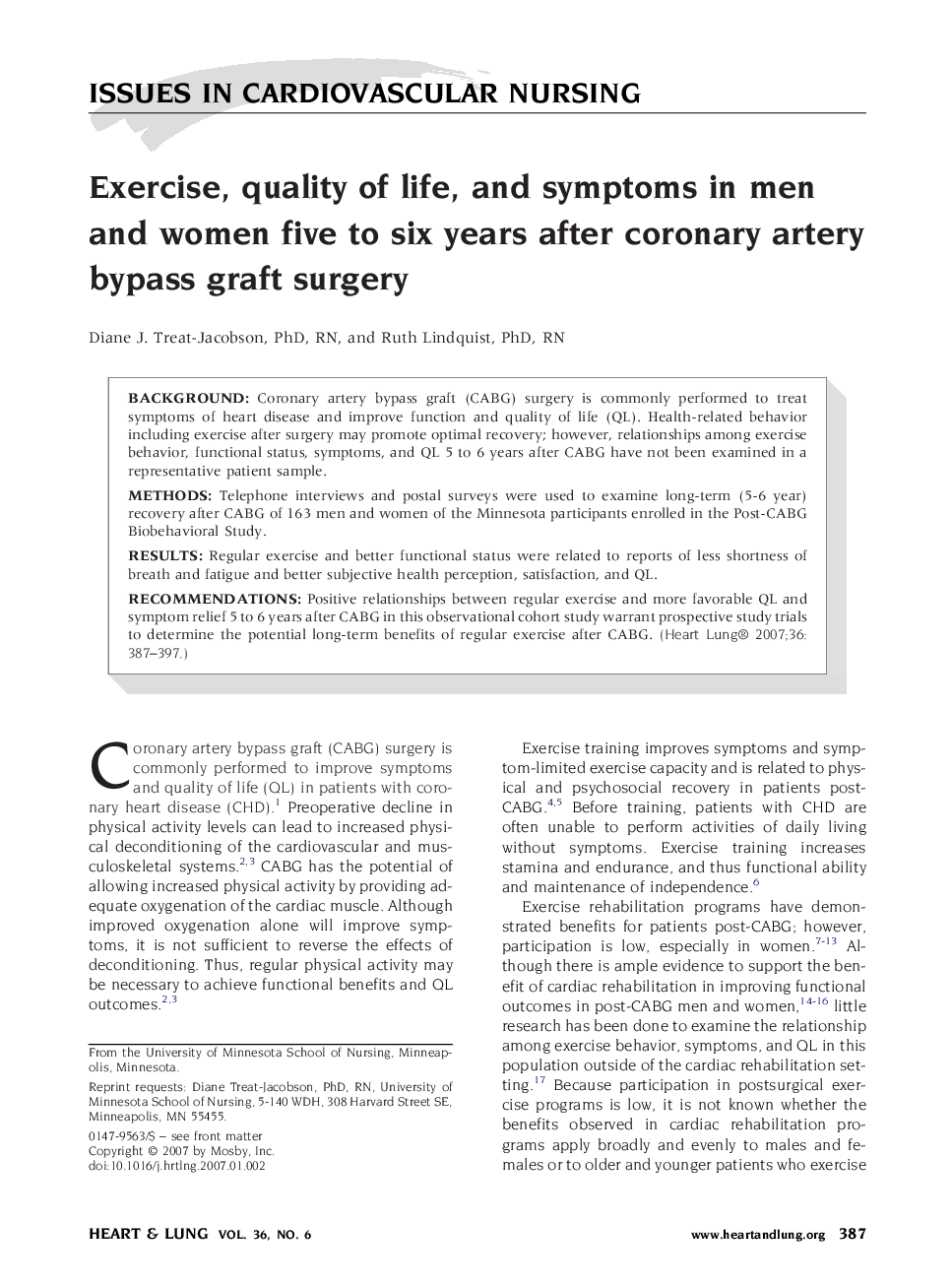 Exercise, quality of life, and symptoms in men and women five to six years after coronary artery bypass graft surgery